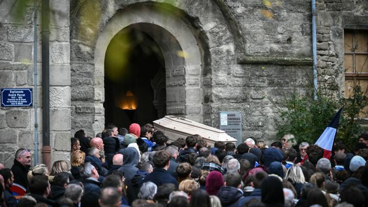 The funeral for Thomas, a teenager who passed away on November 19, 2023 in the village of Crépol after being wounded with a knife, at the Collegiate church in Saint-Donat-sur-l'Herbasse, in southeastern France, on November 24, 2023. 