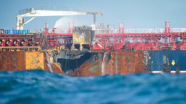 A photograph taken on March 12, 2025 shows the MV Stena Immaculate tanker at anchor in the North Sea, off the coast of England, after it was hit by the MV Solong container vessel on March 10.