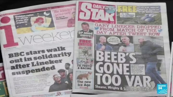 British newspaper headlines cover events at the BBC on Saturday after the broadcaster was forced to cancel much of its weekend sports programming as presenters walked out in support of suspended football host Gary Lineker, 11 March, 2023.
