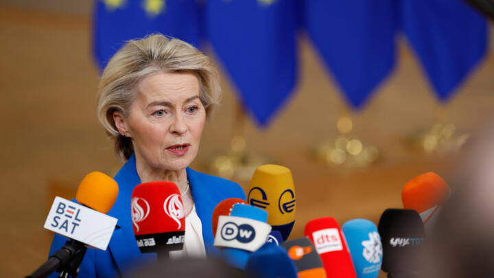 European Commission President Ursula von der Leyen speaks with the media as she arrives for the EU Summit in Brussels, Thursday, Dec. 18, 2025.