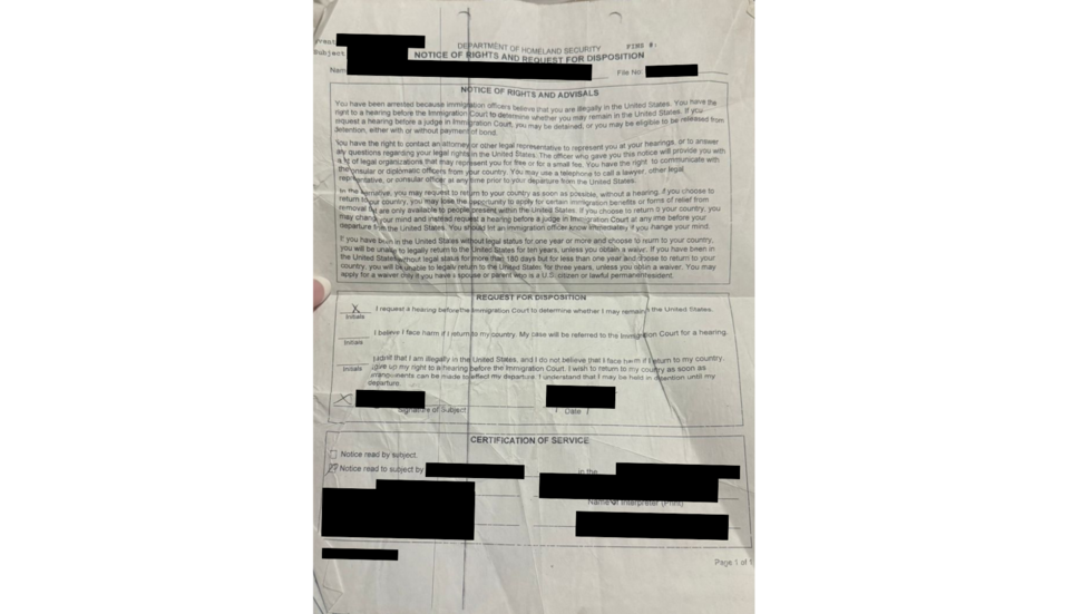 The document John received when he was arrested shows he requested “a hearing before the Immigration Court,” indicating his intent to fight his deportation case.