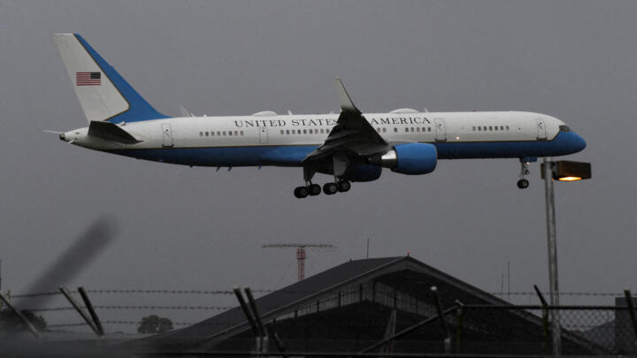 The aircraft carrying Chairman of the Joint Chiefs of Staff Gen. Dan Caine prepares to land ahead of talks with Prime Minister Kamla Persad-Bissessar, Trinidad and Tobago, November 25, 2025. 