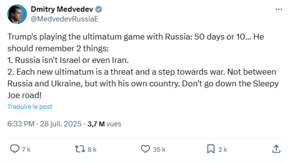 Un message de Dmitri Medvedev sur X pour mettre en garde Donald Trump contre le risque de Troisième Guerre mondiale.
