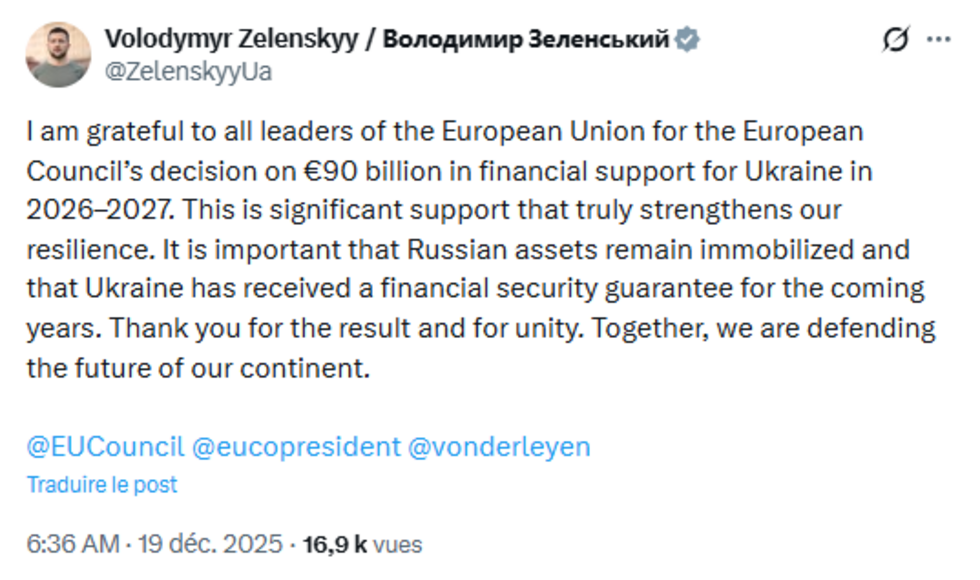 Post sur le compte X du président ukrainien Volodymyr Zelensky