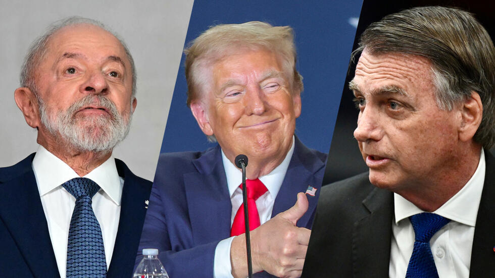 Le président brésilien, Lula (gauche), est sous pression de Donald Trump (centre), qui veut aider l'ex-président brésilien Jair Bolsonaro (droite), accusé d'avoir fomenté un coup d'État.