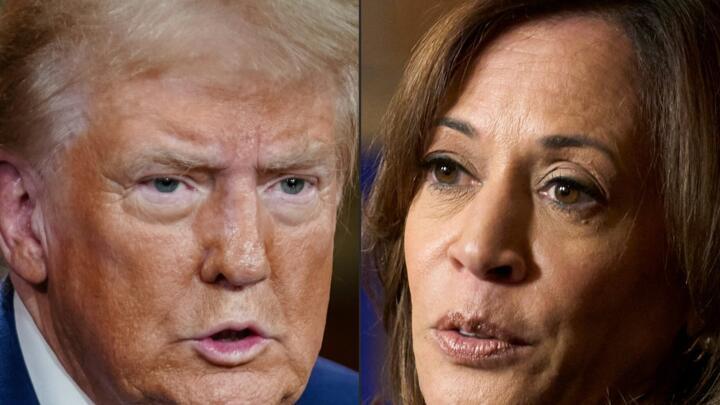 This combination shows Republican candidate Donald Trump in Cumming, Georgia, on October 15, 2024 and Democratic candidate Kamala Harris in Detroit, Michigan, October 15, 2024.