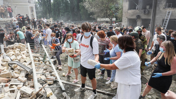 Volunteers at work at the Ohmatdyt Children's Hospital that was damaged during Russian missile strikes in Kyiv, Ukraine on July 8, 2024.