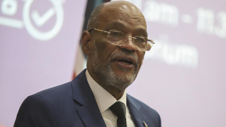 Haiti's Prime Minister Ariel Henry gives a public lecture at the United States International University (USIU) in Nairobi, Kenya, Friday March. 1, 2024.