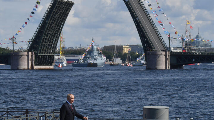 Russia's President Vladimir Putin arrives to attend the main naval parade marking the Russian Navy Day in Saint Petersburg on July 28, 2024
