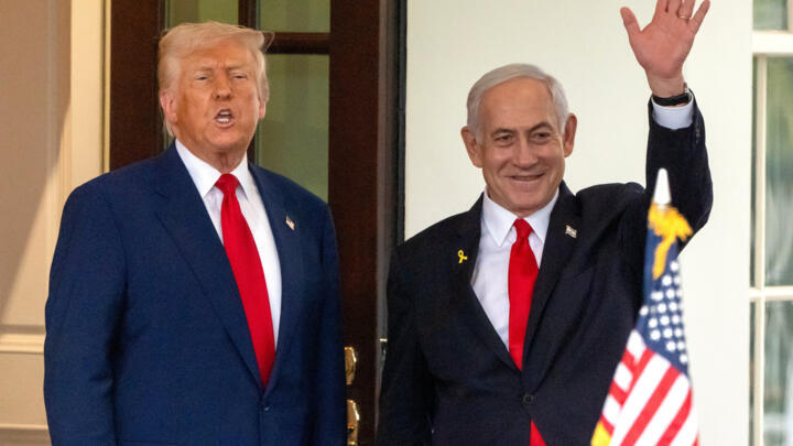 In this file photo, President Donald Trump speaks as Israel's Prime Minister Benjamin Netanyahu waves upon leaving the West Wing of the White House, April 7, 2025, in Washington. 
