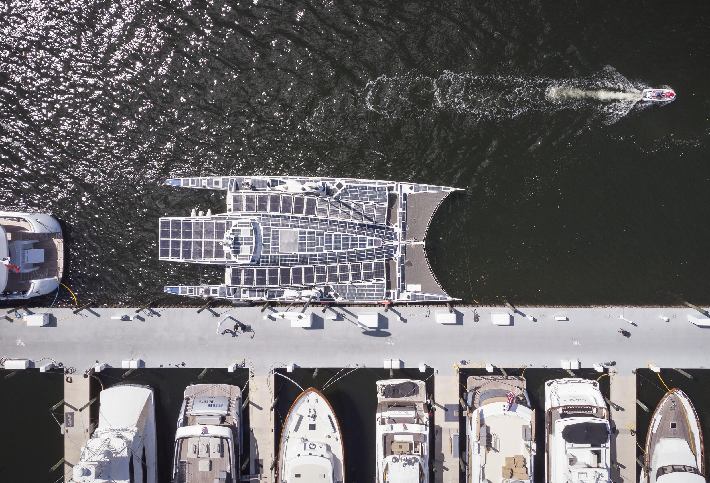 An aerial view of the Energy Observer, the first hydrogen-powered, zero-emission vessel to be self-sufficient in energy, while moored at Pier Sixty Six Marina in Fort Lauderdale, Florida, on February 27, 2024