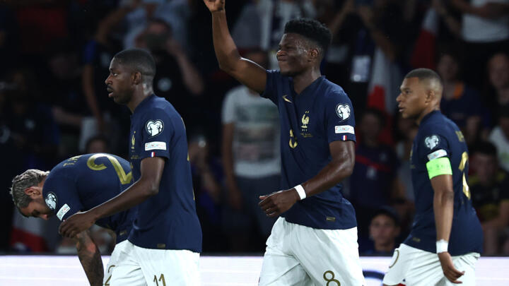 Aurelien Tchouameni celebrates after putting France ahead against Ireland in their Euro 2024 qualifier in Paris.
