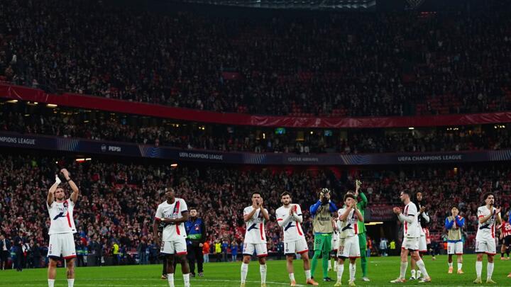 PSG players clap for their supporters after the end of the Champions League opening phase match between Athletic Bilbao and PSG in Bilbao, Spain, on Wednesday, December 10, 2025. 