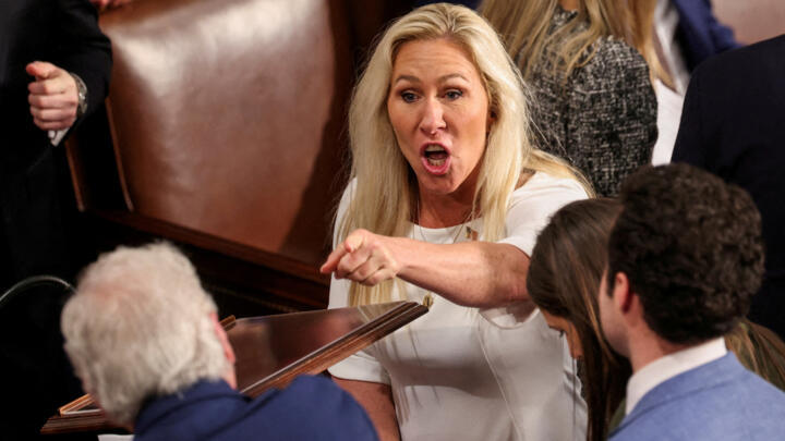 FILE PHOTO: U.S. Representative Marjorie Taylor Greene (R-GA) gestures, on the first day of the 119th Congress at the U.S. Capitol in Washington, U.S.,January 3, 2025. REUTERS/Evelyn Hockstein/File Photo