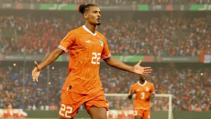 Sébastien Haller celebrates opening the score in the CAN 2024 semi-final against DR Congo.
