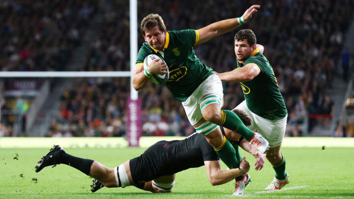 South Africa's Kwagga Smith scores South Africa’s fifth try against New Zealand in a historic defeat at Twickenham Stadium, England on August 25.