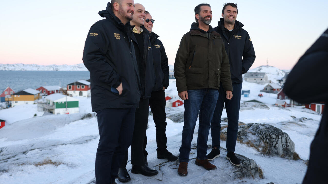 US businessman Donald Trump Jr. (2ndR) poses after arriving in Nuuk, Greenland for a private visit on January 7, 2025 after Trump Sr indicated the US's interest in the autonomous Danish territory.