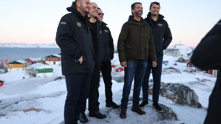 US businessman Donald Trump Jr. (2ndR) poses after arriving in Nuuk, Greenland for a private visit on January 7, 2025 after Trump Sr indicated the US's interest in the autonomous Danish territory.
