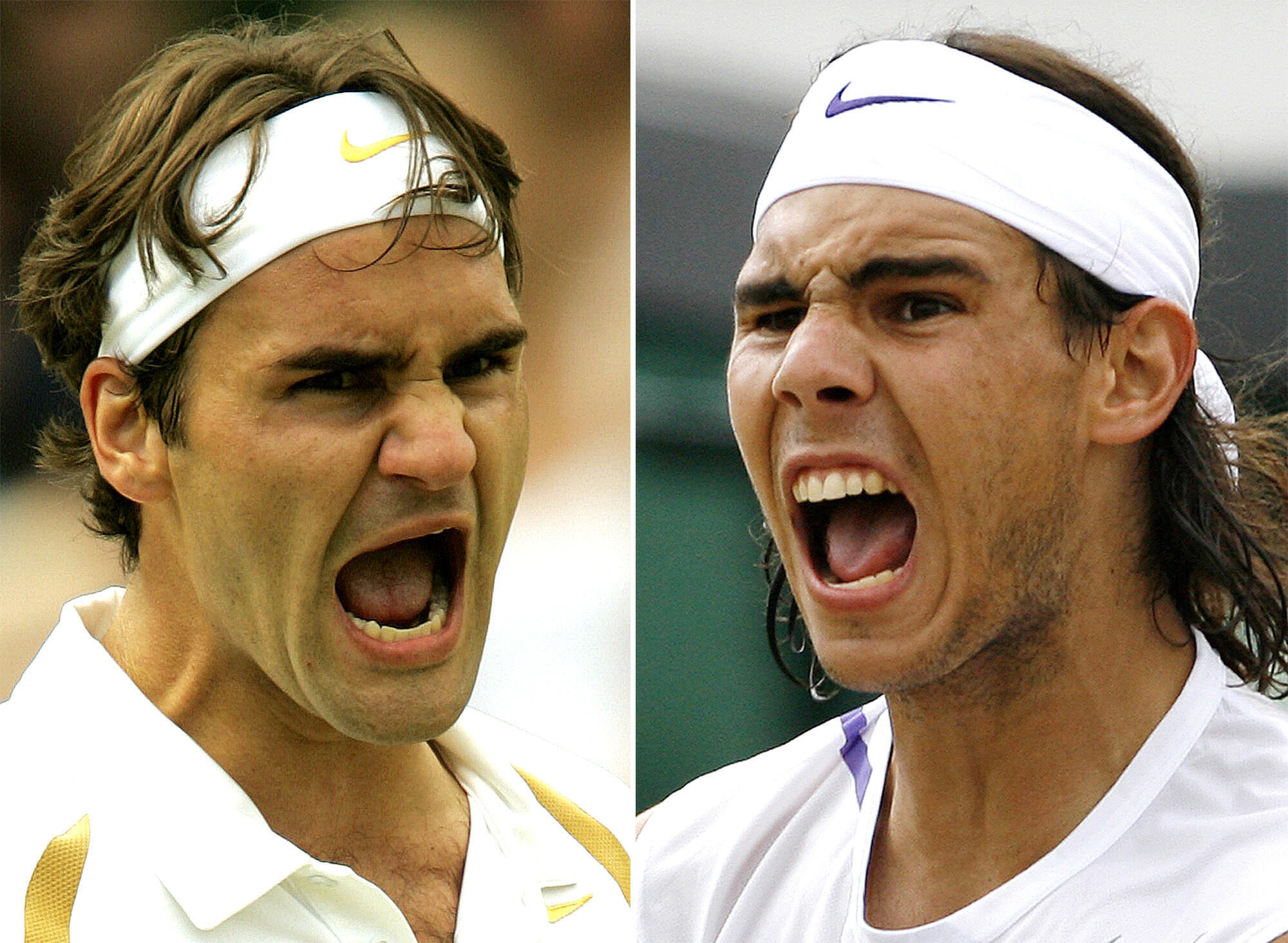 Roger Federer, a la izquierda, y Rafael Nadal, a la derecha, reaccionan durante la final masculina de Wimbledon, en esta foto de archivo del 8 de julio de 2007.