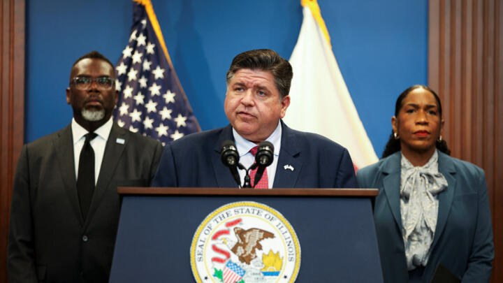 Illinois Governor JB Pritzker speaks during a press conference on reports of federal deployments in Chicago, Illinois, September 2, 2025.  