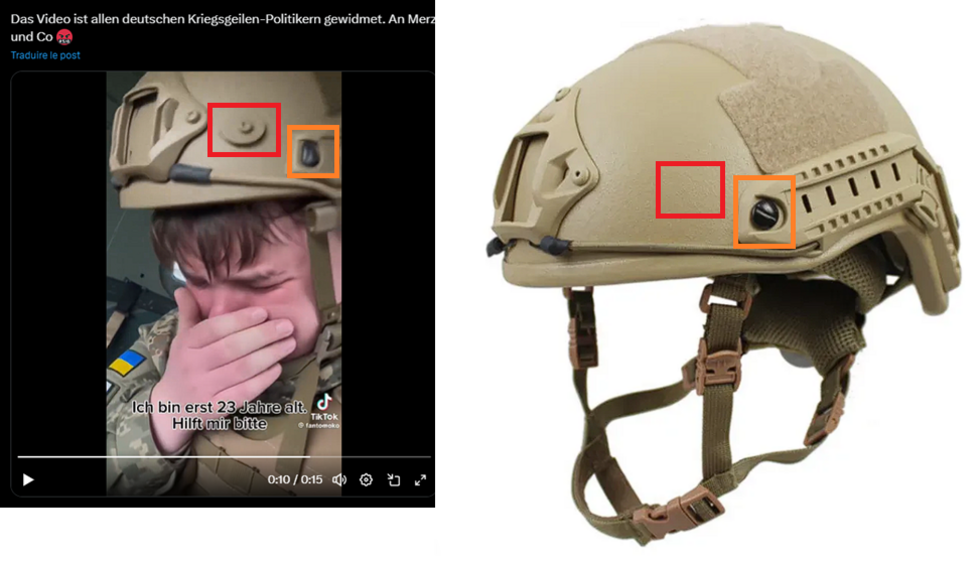 At left is the fake video of a 23-year-old soldier. At right is an image of a real Fast NIJ IIIA ballistic helmet. Our team outlined the differences.