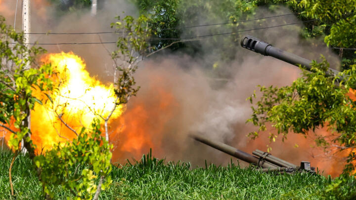 A Thai military mobile unit fires towards Cambodia's side after Thailand and Cambodia exchanged heavy artillery on Friday as their worst fighting in more than a decade stretched for a second day, in Surin, Thailand, July 25, 2025.