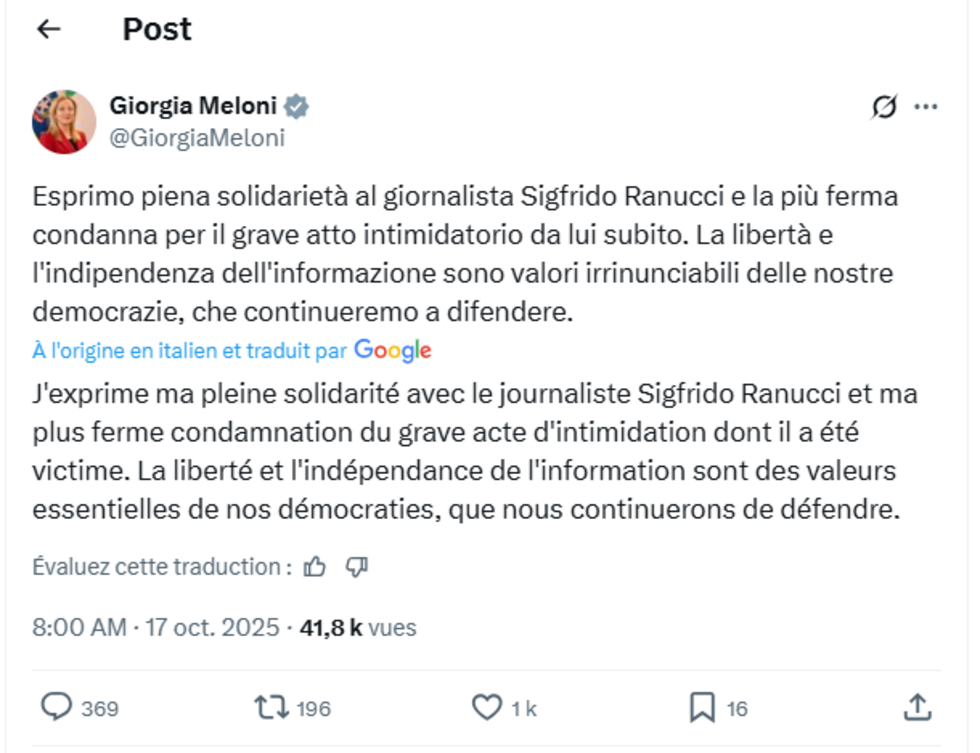 Capture d'écran d'un post de Giorgia Meloni sur X le 17 octobre 2025.