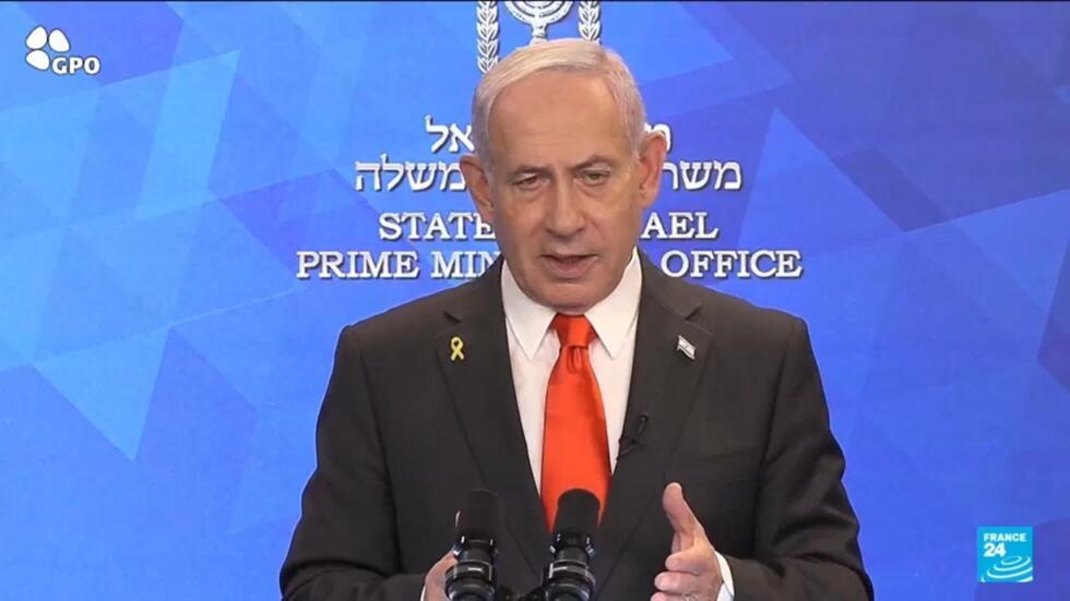 Netanyahu gives a televised statement on October 4, 2025.