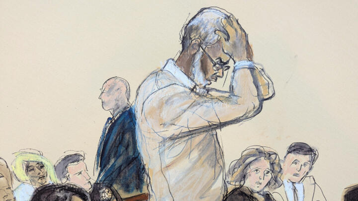 In this courtroom sketch, Sean Diddy Combs reacts as he makes a statement during his sentencing hearing in Manhattan on October 3, 2025.