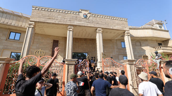 Supporters of Shiite Muslim leader Moqtada Sadr demonstrate inside the courtyard of the Swedish embassy in Baghdad after they briefly breached the building over the burning of the Koran by an Iraqi living in Sweden, on June 29, 2023.