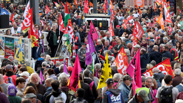 People gather for a demonstration in Brest, northwestern France, on October 2, 2025, as part of a nation-wide day of strike called by France's eight biggest workers unions for "social justice".