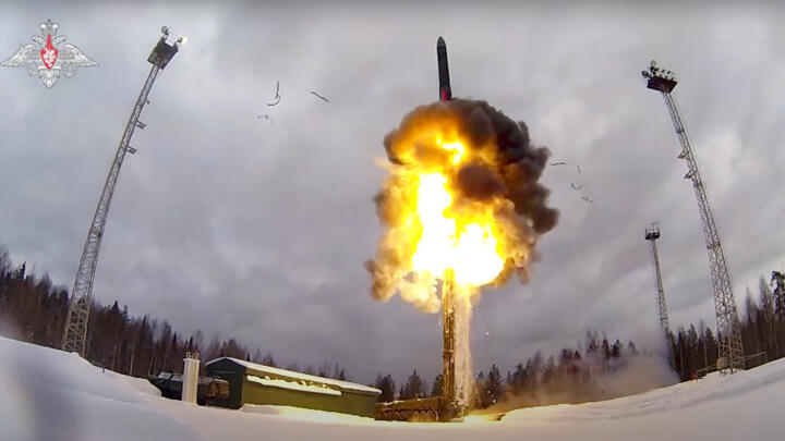 This photo taken from video provided by the Russian Defense Ministry Press Service on February 19, 2022, shows a Yars intercontinental ballistic missile being launched from an air field during military drills.