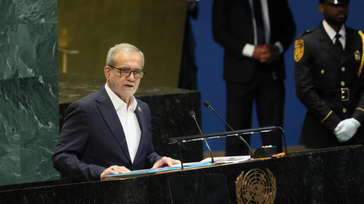 President of Iran Masoud Pezeshkian speaks during the United Nations General Assembly (UNGA) at the United Nations headquarters on September 24, 2025 in New York City.