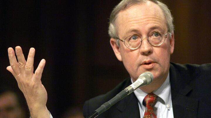 Independent counsel Ken Starr testifies before the Senate Governmental Affairs Committee hearing on the reauthorization of the Independent Counsel Act, 14 April, 1999 on Capitol Hill.