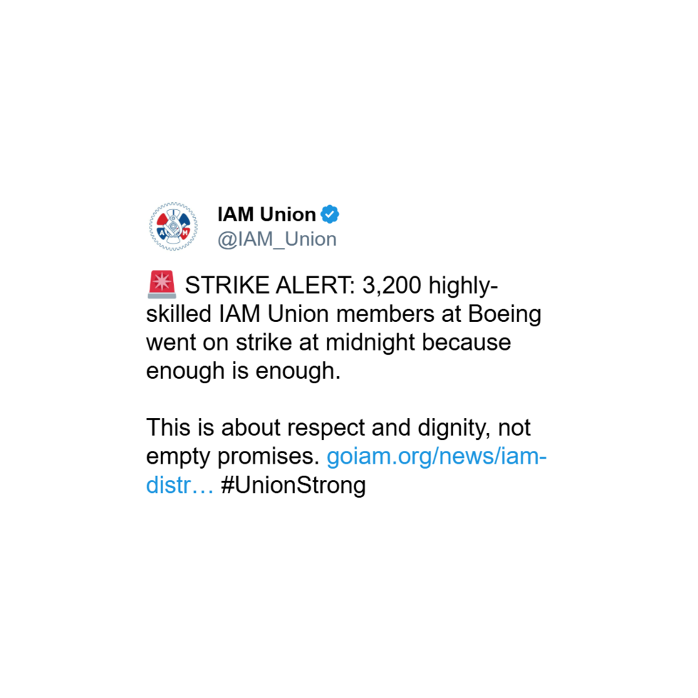 "3,200 highly-skilled IAM Union members at Boeing went on strike at midnight," the International Association of Machinists & Aerospace Workers Union said in a post on social media on August 4, 2025.