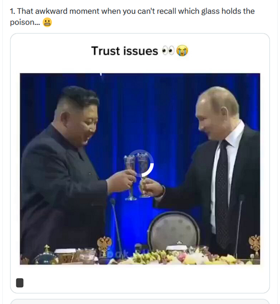 Kim Jong-un et Vladimir Poutine auraient renoncé à boire leur coupe de vin lors d’un dîner, selon une vidéo publiée le 30 juillet 2025. Cette vidéo est un montage.