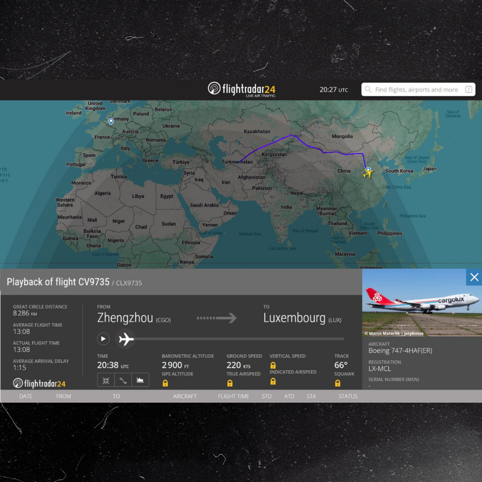 Vol CLX9735 entre Zhengzhou (Chine) et le Luxembourg. La carte ne montre pas la fin du trajet entre le Turkménistan et le Luxembourg, du fait d'une escale de ravitaillement selon Flightradar24.