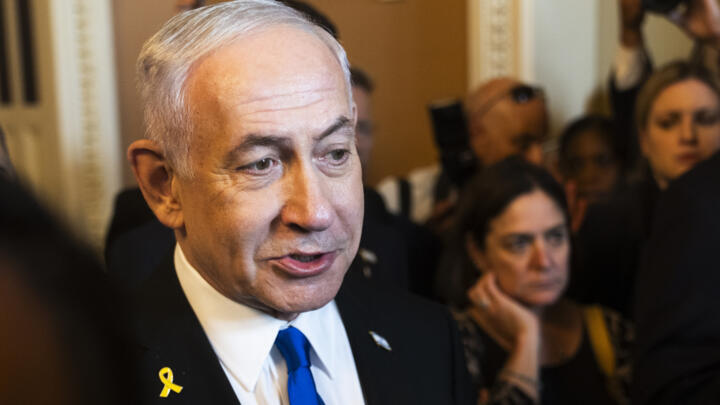 Israeli Prime Minister Benjamin Netanyahu speaks to reporters at the US Capitol in Washington, July 9, 2025.