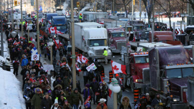 Cientos de camioneros protestan en contra de las medidas sanitarias en Ottawa, el 29 de enero de 2022.