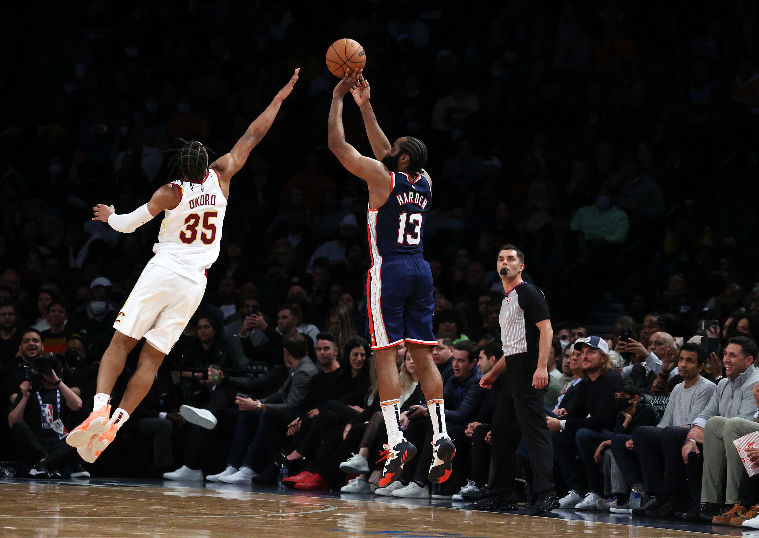 Brooklyn's James Harden shoots over Cleveland's Isaac Okoro in the Nets' NBA victory over the Cavaliers
