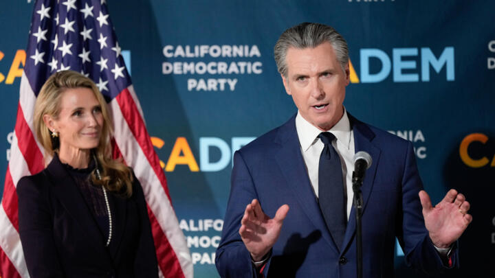 California Governor Gavin Newsom speaks during an election night press conference at a California Democratic Party office on November 4, 2025, in Sacramento, California.
