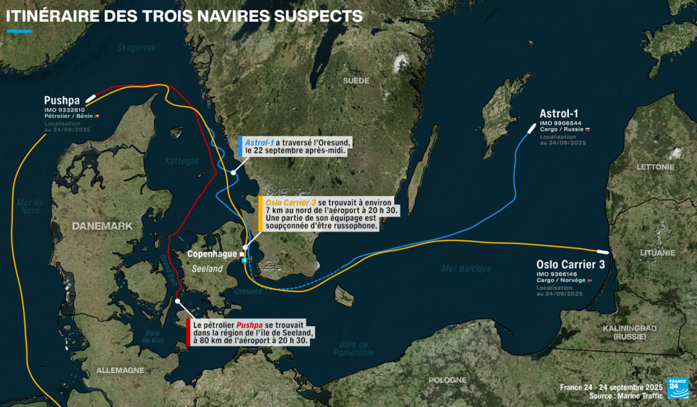 Cette carte permet de visualiser l'itinéraire des trois navires qui ont potentiellement joué un rôle dans le survol de drones au-dessus d'aéroports au Danemark.