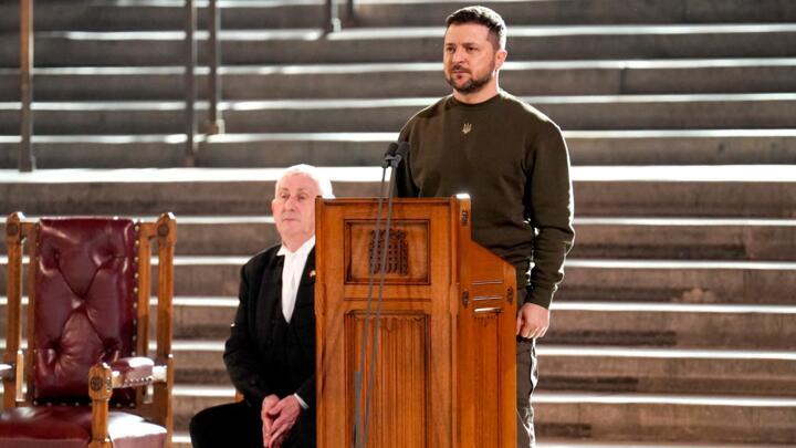 Ukraine's President Volodymyr Zelensky addresses British MPs in Westminster Hall, London on February 8, 2023.