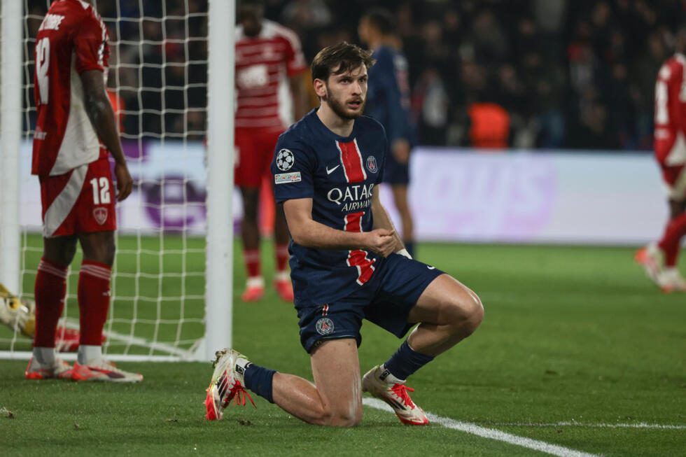 Khvicha Kvaratskhelia, buteur pour le PSG face à Brest, en barrage retour de la Ligue des champions, mercredi 19 février 2025 au Parc des Princes.