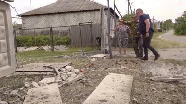 A video still shows a damaged building in the Belgorod region of Russia on May 22, 2023.