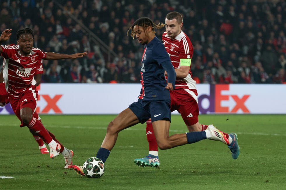 Bradley Barcola, auteur du premier but du PSG face à Brest, en barrage retour de Ligue des champions, mercredi 19 février 2025 au Parc des Princes.