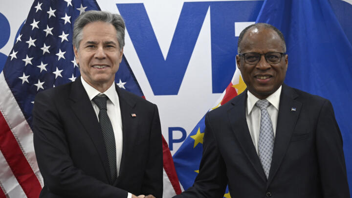 US Secretary of State Antony Blinken, left, shakes hands with Cape Verde Prime Minister Ulisses Correia e Silva at the Government Palace in Praia, Cape Verde on January 22, 2024.