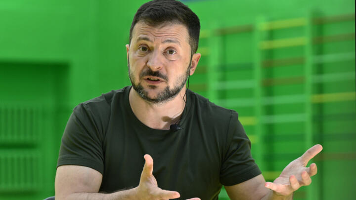 Ukrainian President Volodymyr Zelensky during an interview with French media organisations in Rivne on July 30, 2024.