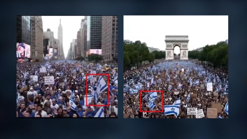 Capture d’écran des vidéos partagées par le compte versa_nova26 sur Instagram le 20 septembre 2025. A gauche : la vidéo censée montrer une manifestation à New York. A droite : la vidéo prétendument prise à Paris. Encadrés en rouge : des drapeaux israéliens déformés par l’IA.
