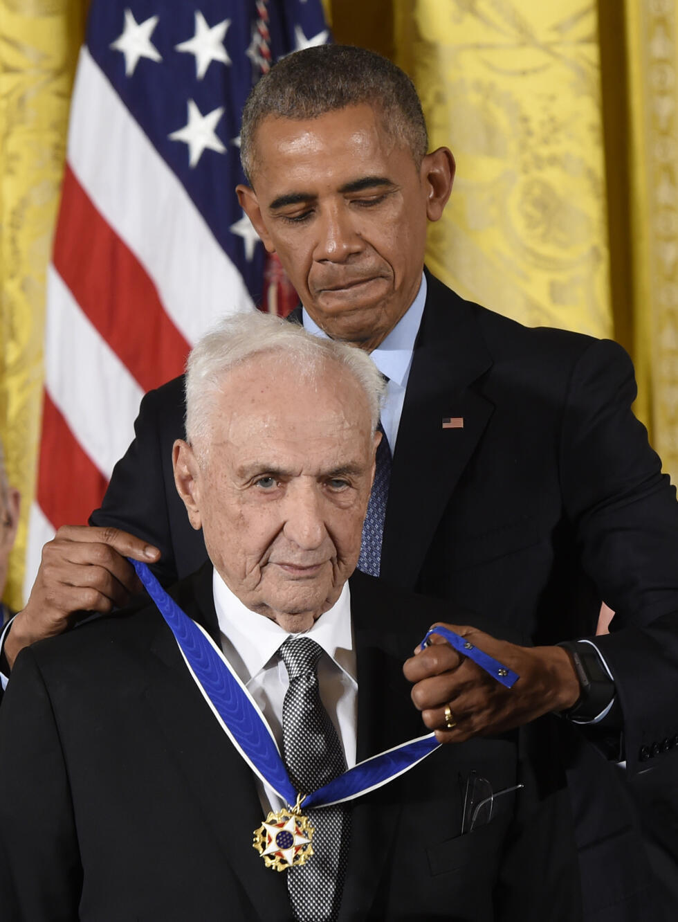 US President Barack Obama presented architect Frank Gehry with the Presidential Medal of Freedom, the nation's highest civilian honor, at the White House in 2016